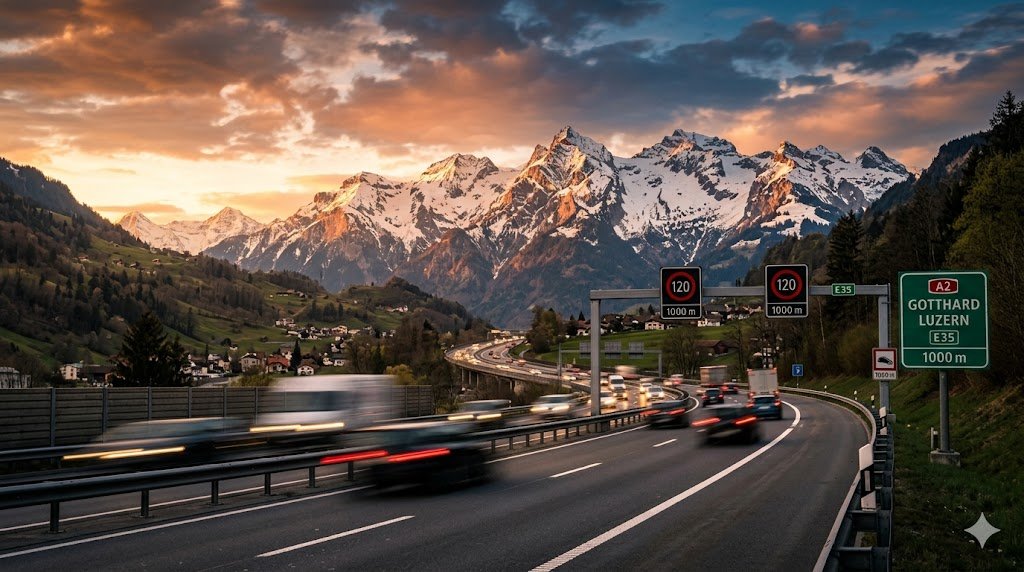 Route suisse avec vue sur les Alpes